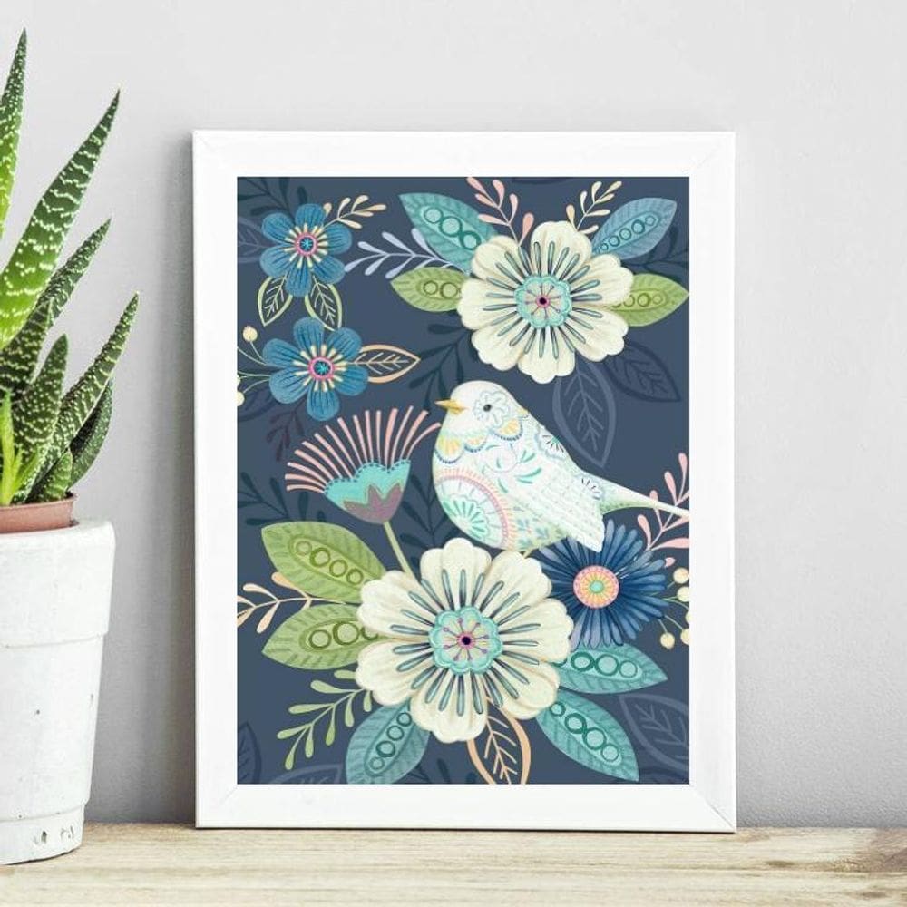 Quadro Floral Azul Com Passarinho 33X24Cm