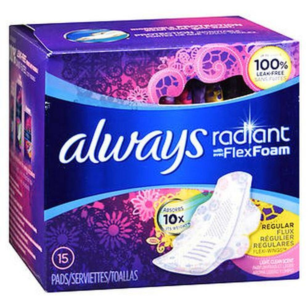 Almofadas Always Radiant com Flexi-Wings Regular Flow Light Clean Scent 15 cada da Always Discreet (pacote com 4)