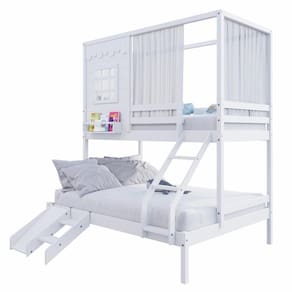 Beliche Casinha Reta Casal- Solteiro Com Escorregador E Cortina Madeira Maciça Branco Housin