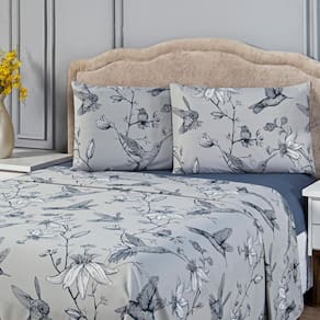 Jogo de Cama Lençol Beija-flor Azul/Cinza QUEEN 04 Peças - Estampado Percal 300 Fios Acetinado