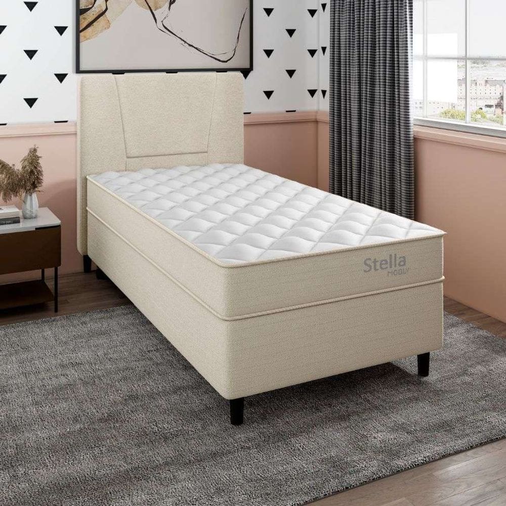 cama box com cabeceira e colchão solteiro stella molas ensacadas (60x88x188) bege
