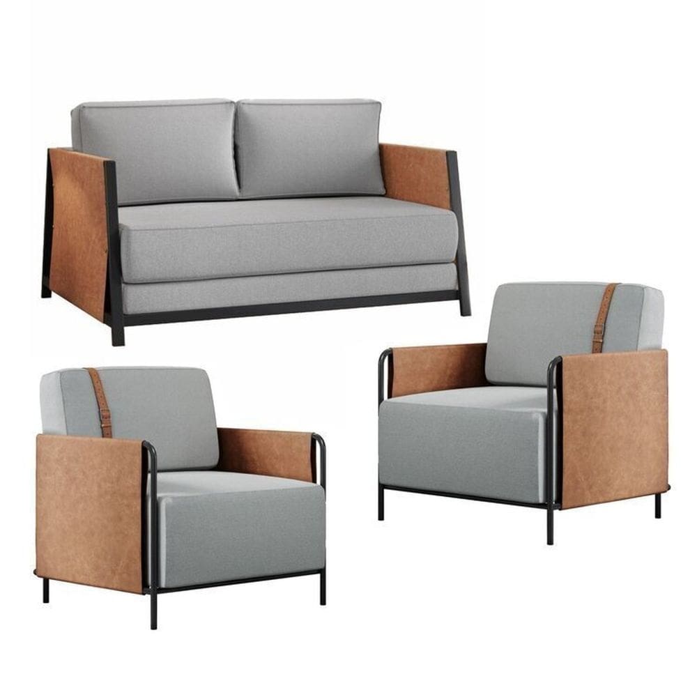 Conjunto de Sofá Cama com 2 Poltronas em Linho Preto/Cinza