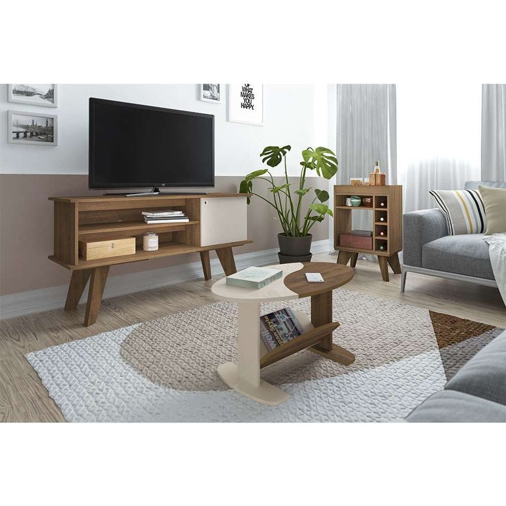 conjunto de sala de estar frank com rack 1 pt, bar e mesa de centro pinho e off white