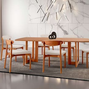 conjunto de mesa de jantar retangular com tampo madeira talia e 6 cadeiras italia linho bege e imbuia