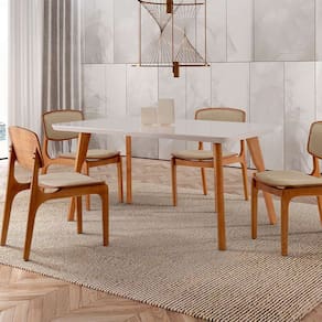 conjunto de mesa de jantar retangular com tampo de vidro off white e 4 cadeiras prada linho turim e imbuia