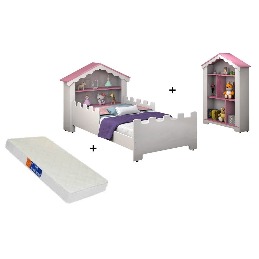 Kit Quarto Castelo Cama com Colchão e Estante Branco/Rosa