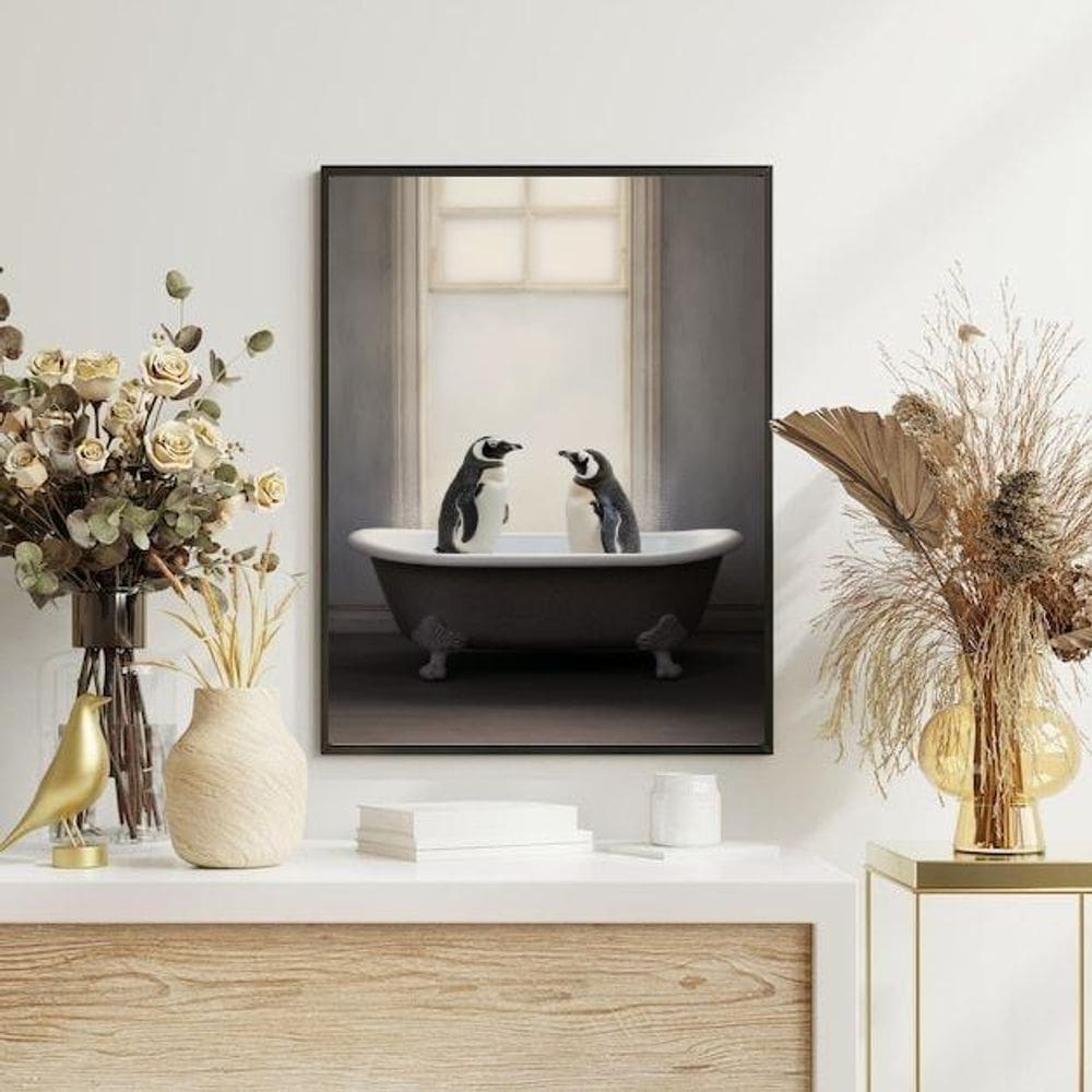Quadro Para Banheiro - Casal De Pinguins 45X34Cm