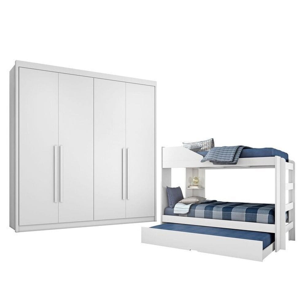 Conjunto Treliche Solteiro Siena E Guarda Roupa Casal 4 Portas 4 Gavetas Bergame Branco
