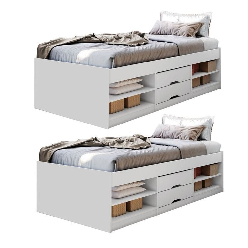 Conjunto 2 Cama Solteiro Multifuncional 2 Gavetas Kiara Branco