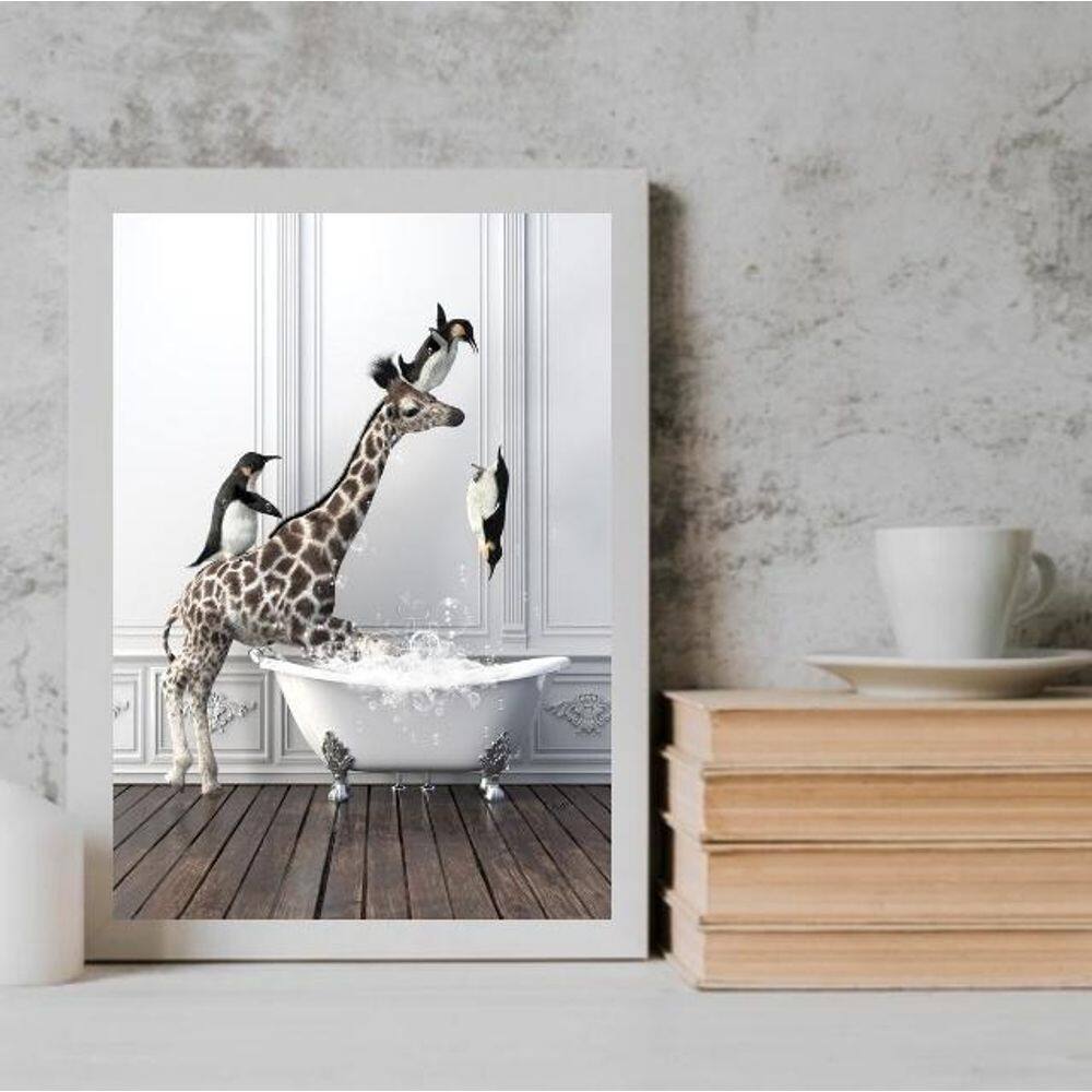 Quadro Para Banheiro - Girafa E Pinguins 24X18Cm - Com Vidro