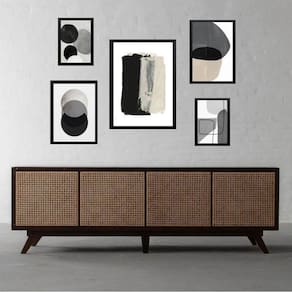 Kit 5 Quadros Abstratos Cinza Bege E Preto - Com Vidro
