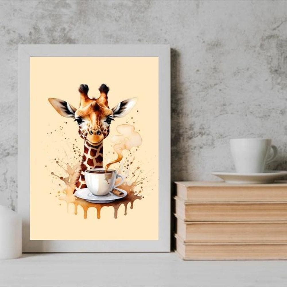 Quadro Girafa Com Café - Aquarela 33X24Cm - Com Vidro
