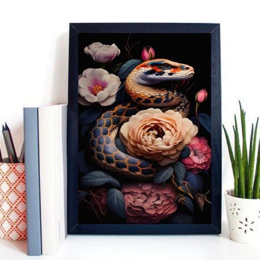 Quadro Decorativo Cobra Com Flores 45X34Cm