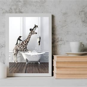 Quadro Para Banheiro - Girafa E Pinguins 45X34Cm - Com Vidro