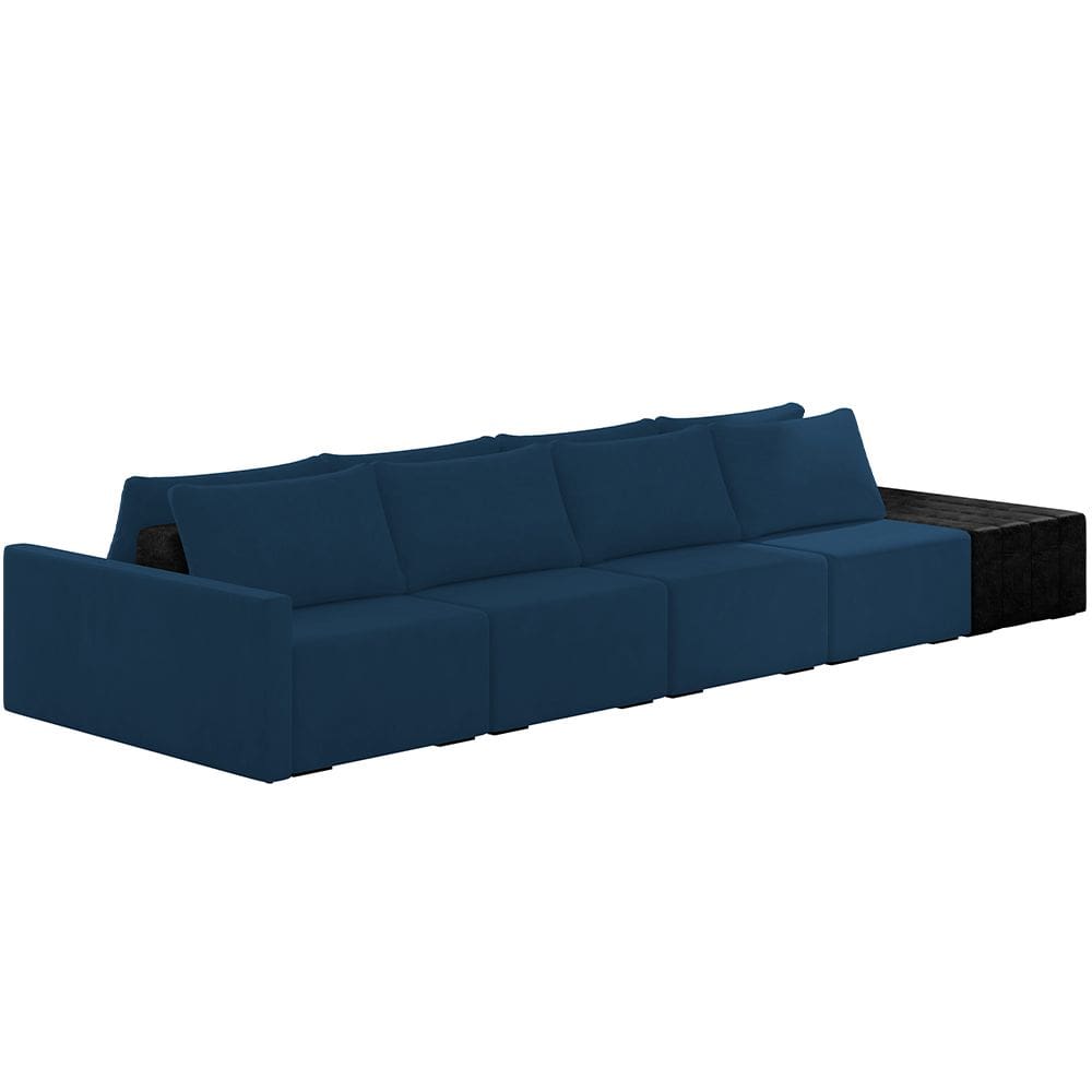 Sofá Ilha Modular Para Sala 432cm com Puff Dublin K01 Veludo Azul Marinho e Sintético Preto - Lyam Decor