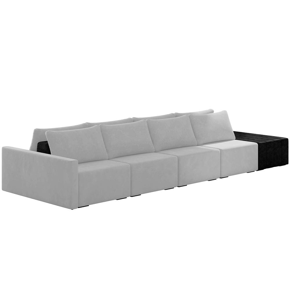Sofá Ilha Modular Para Sala 432cm com Puff Dublin K01 Veludo Cinza e Sintético Preto - Lyam Decor