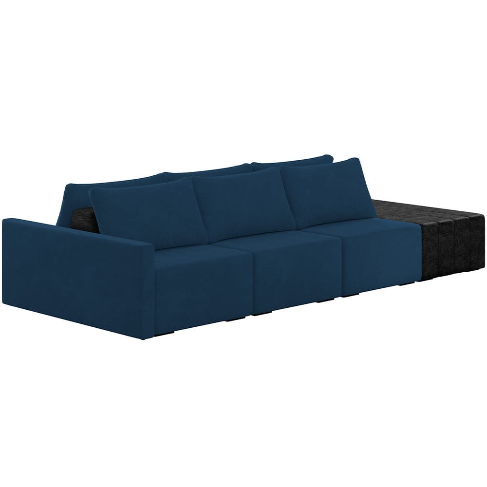 Sofá Ilha Modular Para Sala 342cm com Puff Dublin K01 Veludo Azul Marinho e Sintético Preto - Lyam Decor