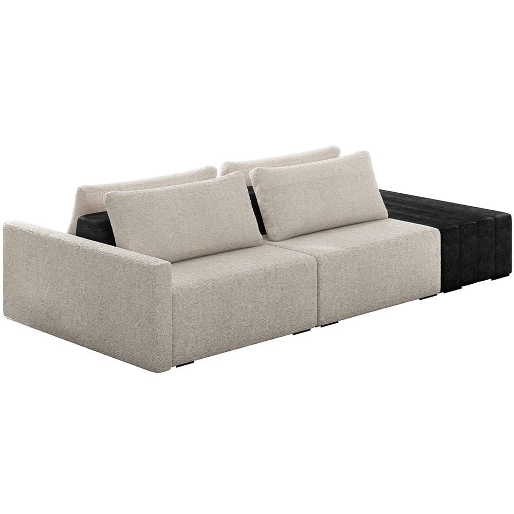 Sofá Ilha Modular Para Sala 232cm com Puff Dublin K01 Bouclê Creme e Sintético Preto  - Lyam Decor