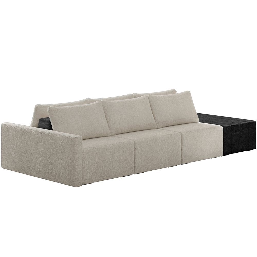 Sofá Ilha Modular Para Sala 312cm com Puff Dublin K01 Bouclê Creme e Sintético Preto - Lyam Decor
