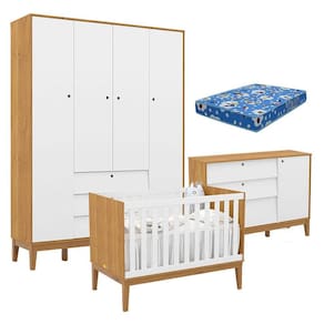 Quarto de Bebe Unique 4 Portas com Cômoda Sapateira Freijó Branco Soft Eco Wood e Colchão Ortobom - Matic