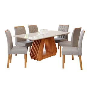 conjunto de mesa de jantar retangular com tampo de vidro off white Ágata e 6 cadeiras juliana linho grafite e cinamomo