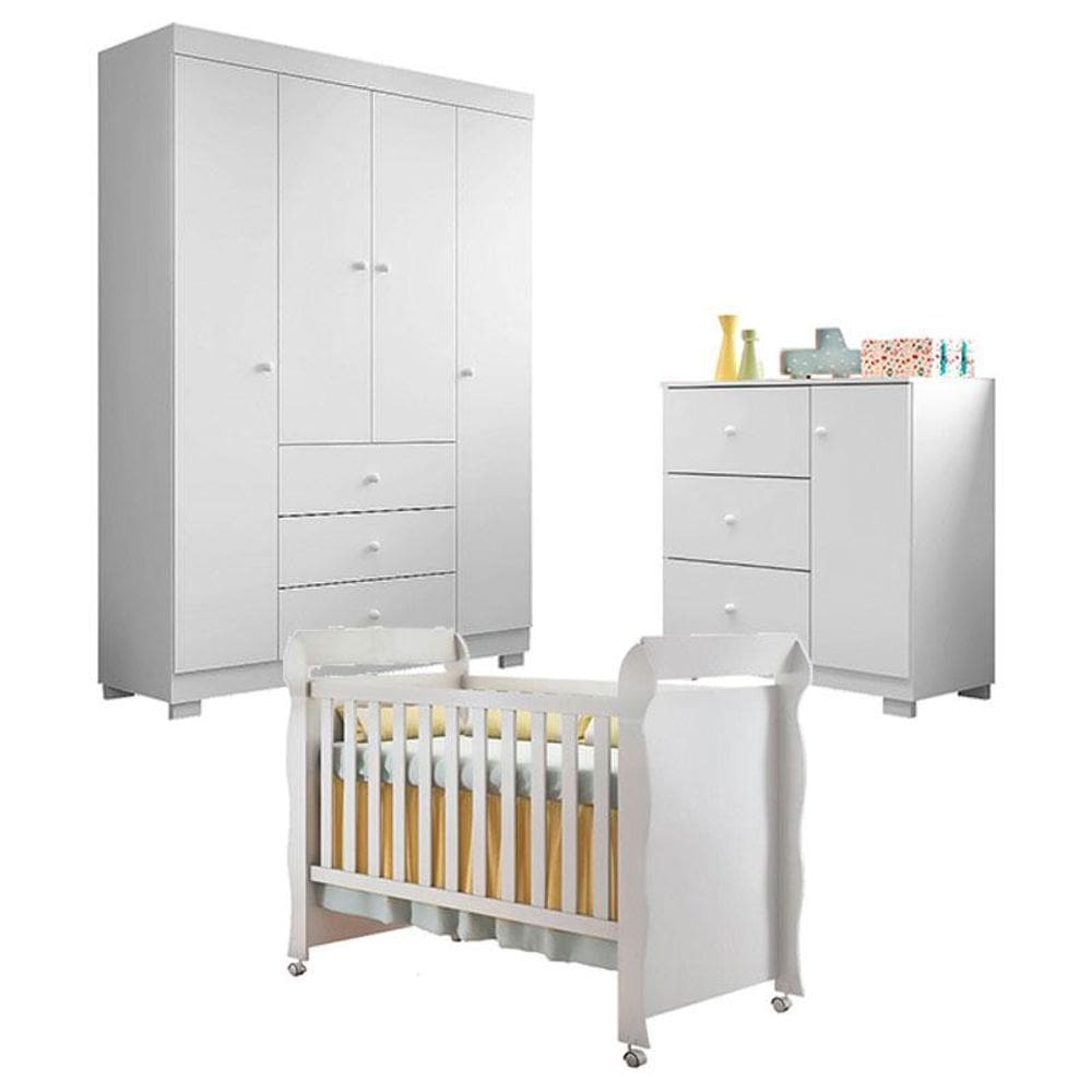 Quarto de Bebê Duda 4 Porta com Berço Americano Mirelle Branco Brilho – Phoenix Baby