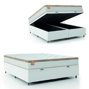 Cama Box Baú Colchão Casal King Molas Ensacadas Real 193x203x68cm Branco / Bege Linho Inducol - Suporta até 130kg por Pessoa