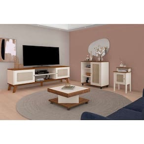 conjunto de sala de estar charlotte com rack 2 pt, buffet 1 pt, mesa lateral 1 pt e mesa de centro pinho e off white