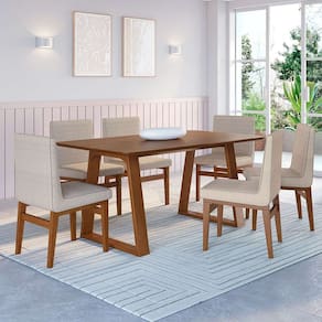conjunto de mesa de jantar retangular com tampo madeira carter e 6 cadeiras biena algodão bege e nogueira