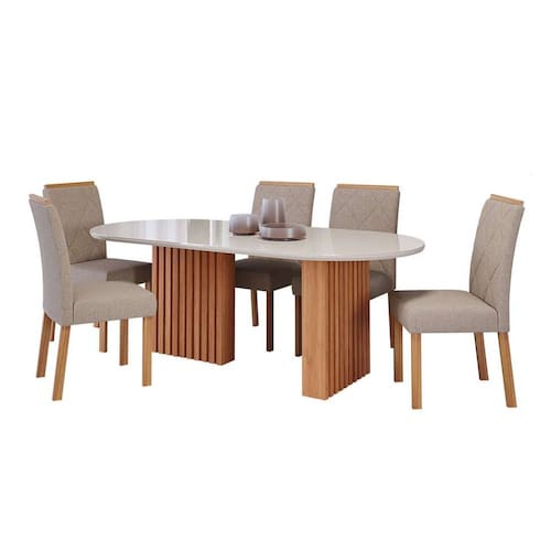 imagem-conjunto de mesa de jantar oval com tampo de vidro off white ester e 6 cadeiras fernanda linho bege e cinamomo - Marrom