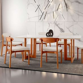 conjunto de mesa de jantar retangular com tampo de vidro off white talia e 6 cadeiras italia linho bege e imbuia