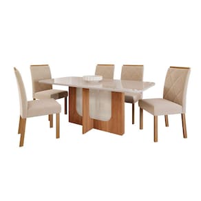 conjunto de mesa de jantar retangular com tampo de vidro off white louise e 6 cadeiras fernanda suede nude e cinamomo