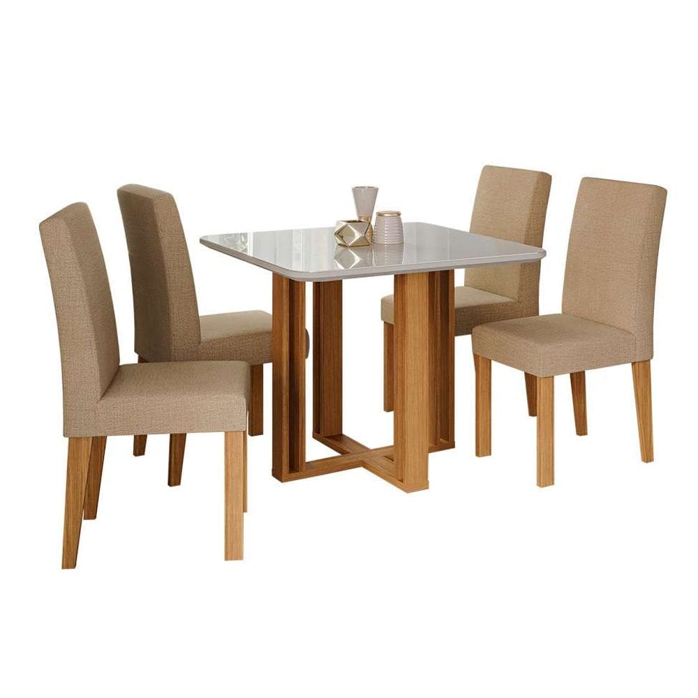conjunto de mesa de jantar quadrada com tampo de vidro off white flora e 4 cadeiras maia linho gengibre e nature