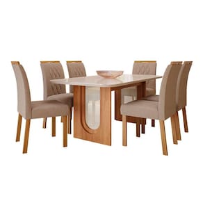 conjunto de mesa de jantar retangular com tampo de vidro off white valentina e 6 cadeiras juliana linho bege e cinamomo