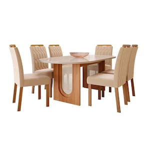 conjunto de mesa de jantar oval com tampo de vidro off white valentina e 6 cadeiras paola suede nude e cinamomo