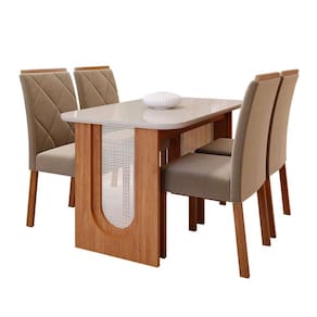 conjunto de mesa de jantar retangular com tampo de vidro off white valentina e 4 cadeiras fernanda suede joli e cinamomo