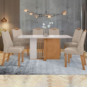 Mesa de Jantar 6 Lugares Astrid Vênus com Vidro Amêndoa Clean/Off White/Linho Rinzai Bege - Móveis Lopas