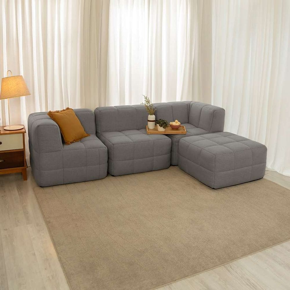 sofá guldi popup com 2 módulos canto central e puff linho cinza