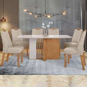 Mesa de Jantar 6 Lugares Astrid Vênus com Vidro Amêndoa Clean/Off White/Veludo Naturale Creme - Móveis Lopas