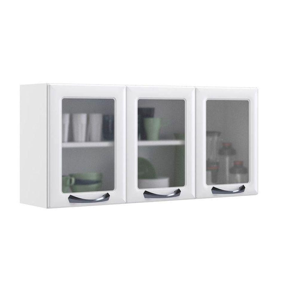 Armário Aéreo De Cozinha Branco 3 Portas Com Vidro New Premium