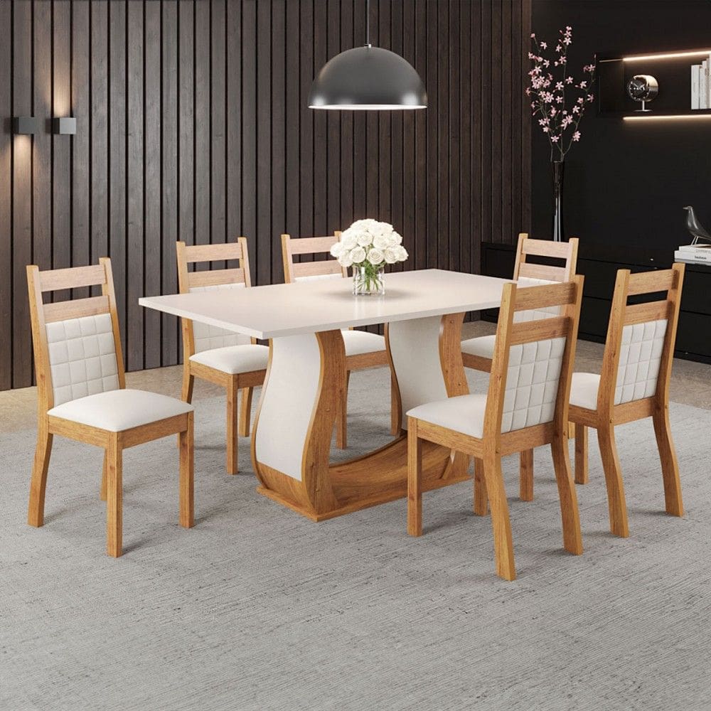 Mesa de Jantar 6 Lugares Sabrinna Sicilia Marrom/Blonde/Veludo/Marfim - Viero Móveis