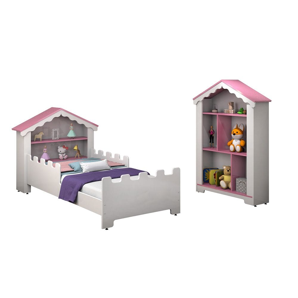 Quarto Infantil Casinha com Estante + Cama Juvenil Branco E Rosa