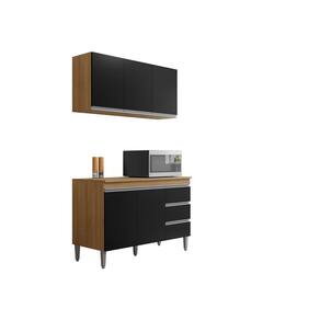 Armário Aéreo e Balcão + Tampo Andréia 120cm Amêndoa/Preto - AJL Móveis