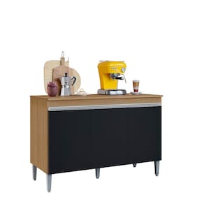 Balcão de Cozinha Manu + Tampo 120cm Cor Amêndoa/Preto - AJL Móveis