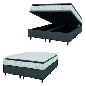 Cama Box Baú Colchão Casal King Molas Ensacadas City Pillow Top 193x203x64cm Cinza / Branco Hellen - Suporta até 110kg por Pessoa