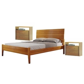Conjunto Quarto de Casal Cama com 2 Mesas de Cabeceira 2 Gavetas Amêndoa/Mel
