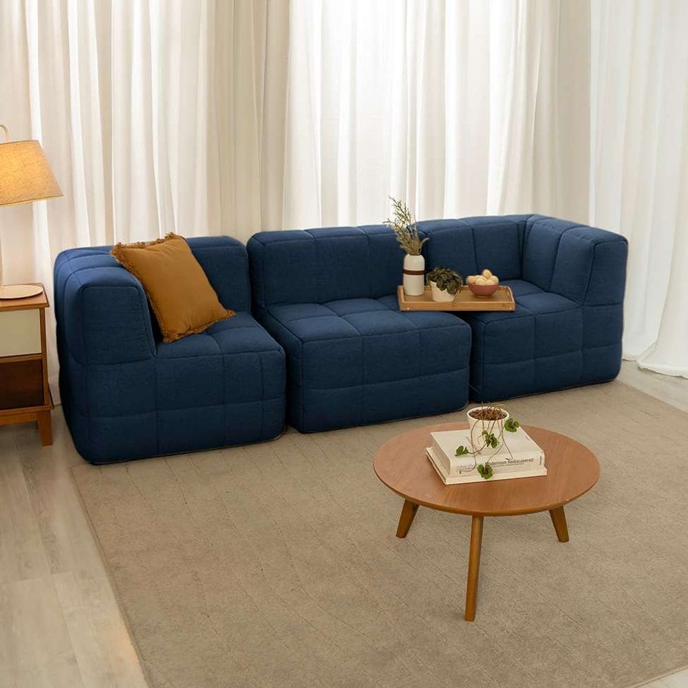 sofá guldi popup com 2 módulos canto e central linho azul