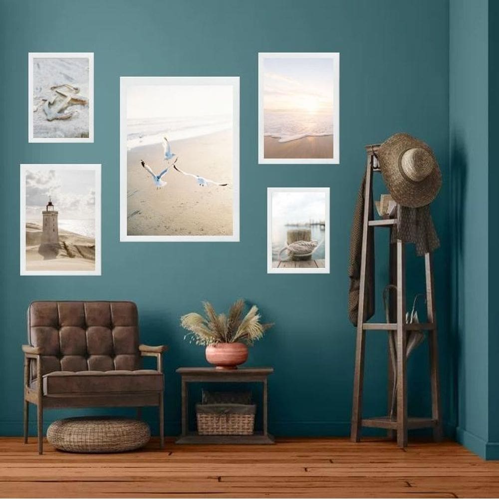 Kit 5 Quadros Praia Soft - Branco E Bege - Com Vidro