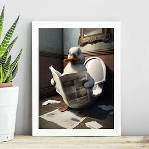Quadro Pato No Banheiro Lendo Jornal 33X24Cm - Com Vidro