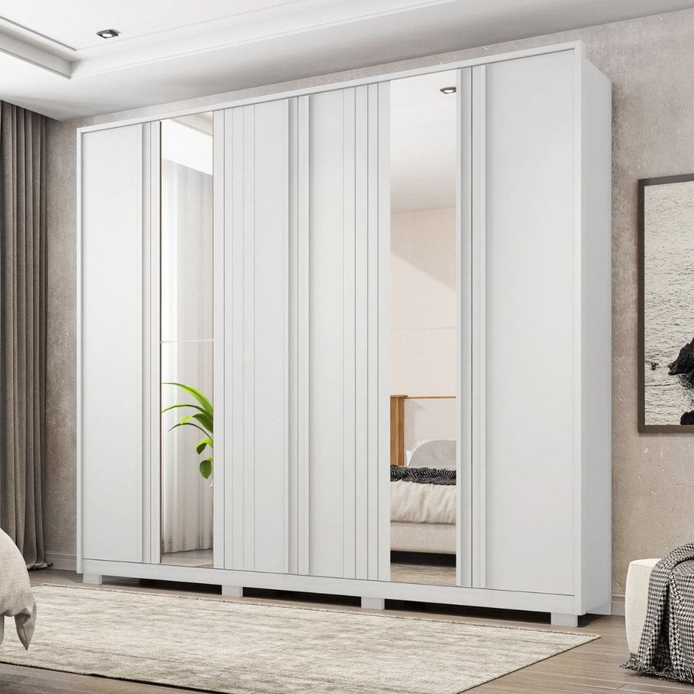 Guarda-roupa Casal Ripado 6 Portas 4 Gavetas com Espelho e Pés Suburban Espresso Móveis Branco Fosco